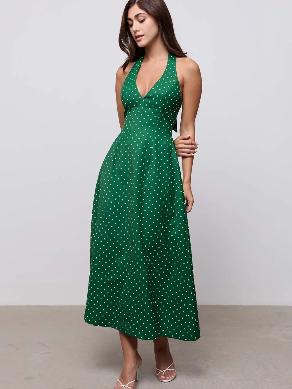 Green Polka Dot Halter Backless Maxi Dress